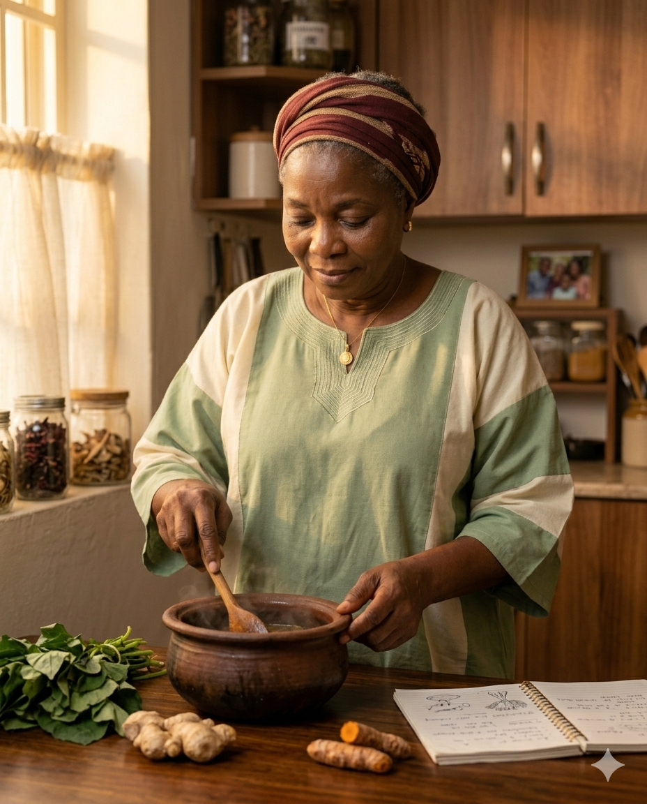 Iya Tope preparing the womb-cooling tonic in her kitchen using traditional Nigerian ingredients